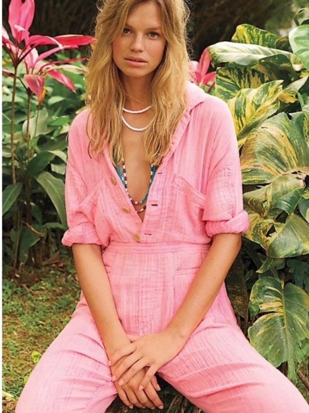 Free People Madrid Pink Cotton Gauze Jumpsuit Size Small